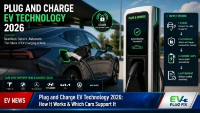 EV driver using Plug and Charge technology to automatically start charging at a public station in 2026