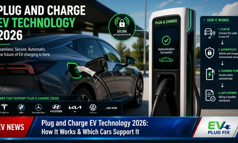 EV driver using Plug and Charge technology to automatically start charging at a public station in 2026