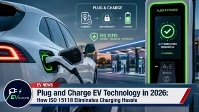 Modern EV driver plugging into a public fast charger with Plug and Charge technology activation 2026