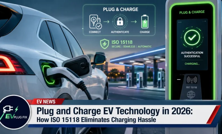 Modern EV driver plugging into a public fast charger with Plug and Charge technology activation 2026