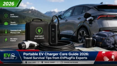 Portable EV charger plugged into a modern electric vehicle with cable coiled properly for travel storage ]