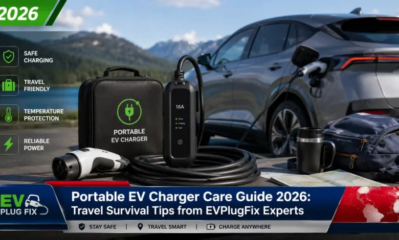 Portable EV charger plugged into a modern electric vehicle with cable coiled properly for travel storage ]