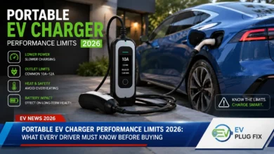 Portable EV charger connected to electric vehicle during roadside emergency charging session 2026