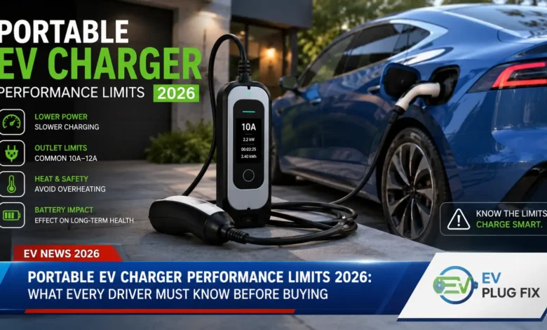 Portable EV charger connected to electric vehicle during roadside emergency charging session 2026