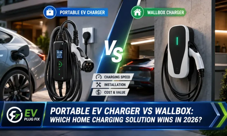 Portable EV charger vs wallbox home charging station comparison 2026