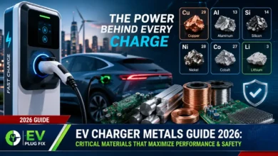 Premium EV charger with copper conductors and silver-plated connector pins displayed on modern charging station