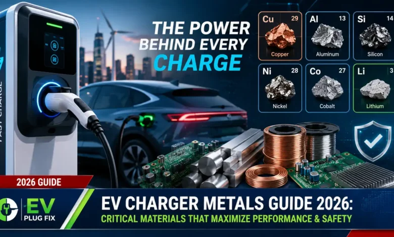 Premium EV charger with copper conductors and silver-plated connector pins displayed on modern charging station