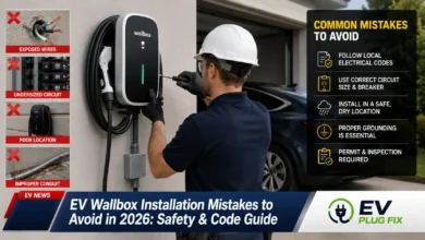 Professional installation of a modern EV wallbox charger in a residential garage showing correct mounting height and cable management