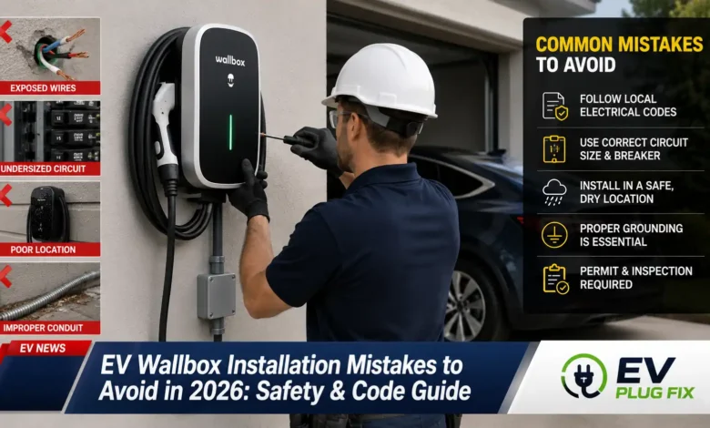 Professional installation of a modern EV wallbox charger in a residential garage showing correct mounting height and cable management