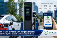 EV driver using a smartphone app to start a public charging session at a modern charging station