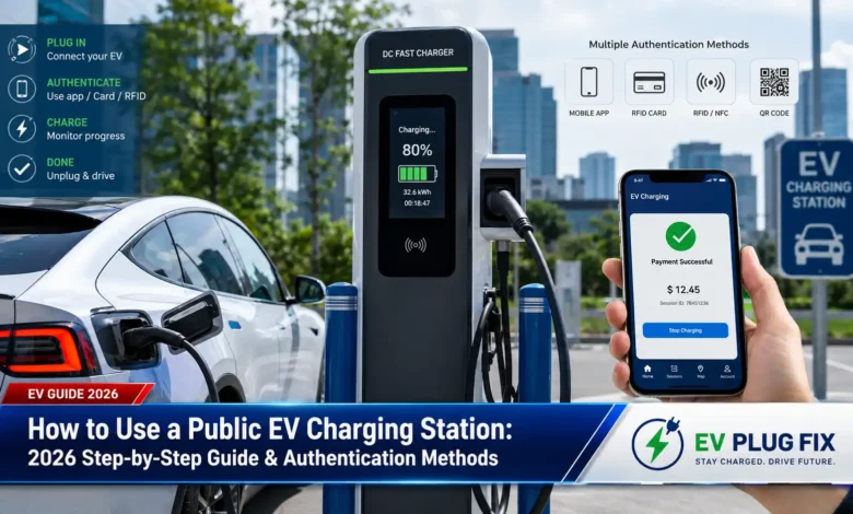 EV driver using a smartphone app to start a public charging session at a modern charging station