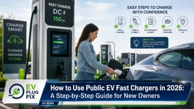 EV driver connecting a CCS1 fast charging cable to a new electric vehicle at a public charging station in 2026