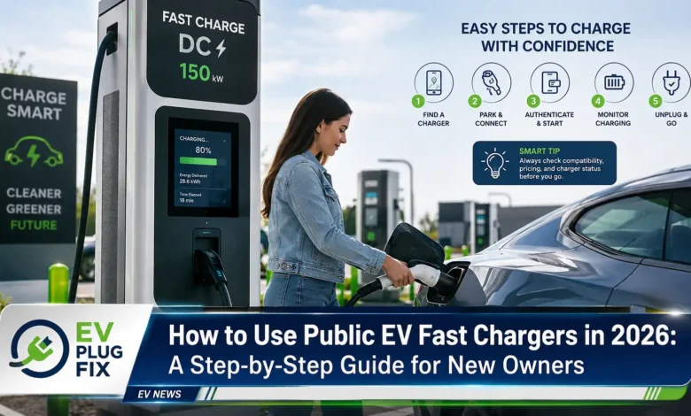 EV driver connecting a CCS1 fast charging cable to a new electric vehicle at a public charging station in 2026