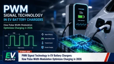 PWM signal waveform controlling EV battery charger output with duty cycle variations for precise voltage regulation