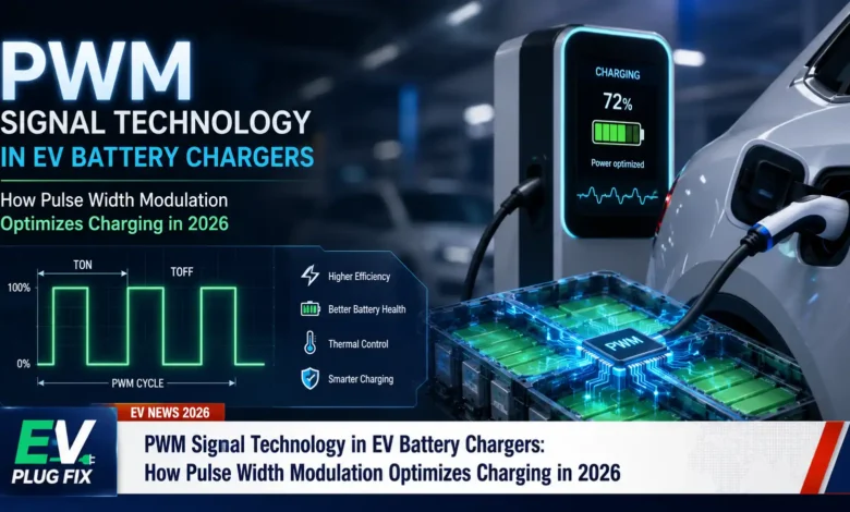 PWM signal waveform controlling EV battery charger output with duty cycle variations for precise voltage regulation