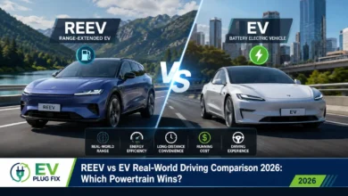 Modern REEV and EV vehicles parked side by side at a scenic charging station for a real-world driving comparison in 2026