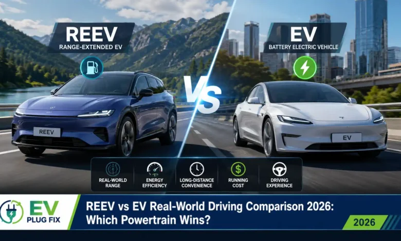 Modern REEV and EV vehicles parked side by side at a scenic charging station for a real-world driving comparison in 2026