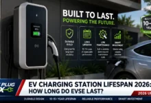 Modern EV charging station installed in residential garage showing LED indicators and cable management for home electric vehicle charging