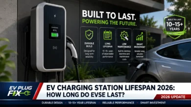 Modern EV charging station installed in residential garage showing LED indicators and cable management for home electric vehicle charging
