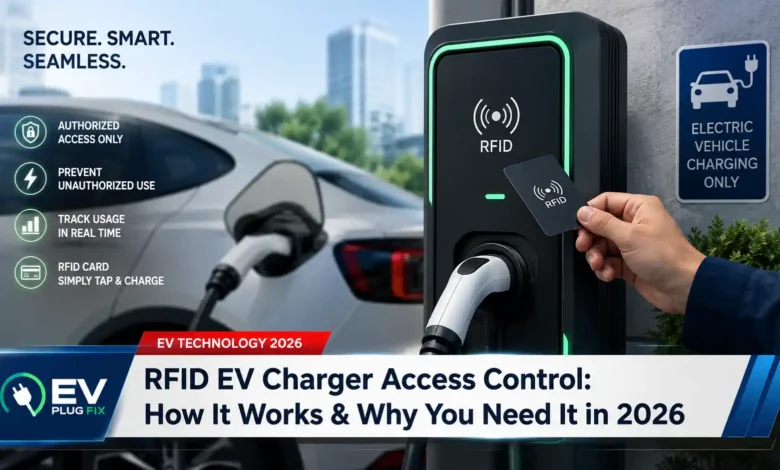RFID EV charger access control card being held near a wallbox reader for secure authentication