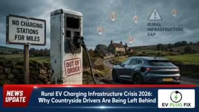 Isolated rural EV charging station surrounded by farm fields and rolling countryside hills with a modern electric vehicle plugged in