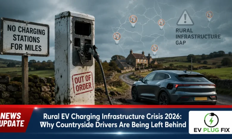 Isolated rural EV charging station surrounded by farm fields and rolling countryside hills with a modern electric vehicle plugged in
