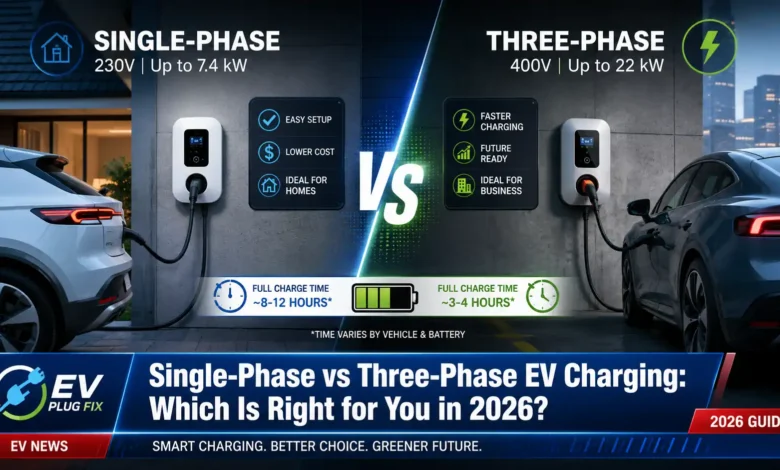 Single-phase vs three-phase EV charger comparison setup in modern garage 2026