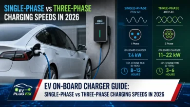 Close-up comparison of single-phase vs three-phase EV on-board charger components and connectors