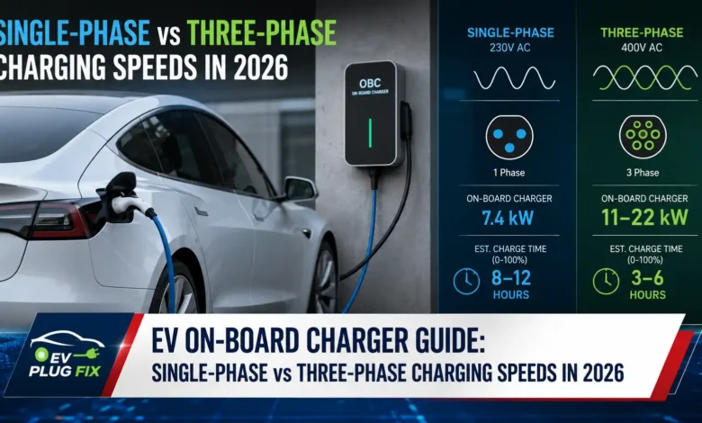 Close-up comparison of single-phase vs three-phase EV on-board charger components and connectors