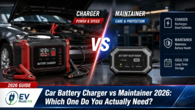 A modern smart car battery charger maintainer connected to a 12V AGM battery in a garage workshop, showcasing safe hookup and maintenance mode indicators.
