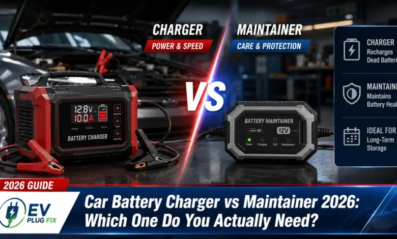 A modern smart car battery charger maintainer connected to a 12V AGM battery in a garage workshop, showcasing safe hookup and maintenance mode indicators.