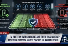 EV battery overcharging prevention guide showing a smart EV charger connected to a vehicle with battery health monitoring display