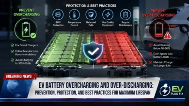 EV battery overcharging prevention guide showing a smart EV charger connected to a vehicle with battery health monitoring display