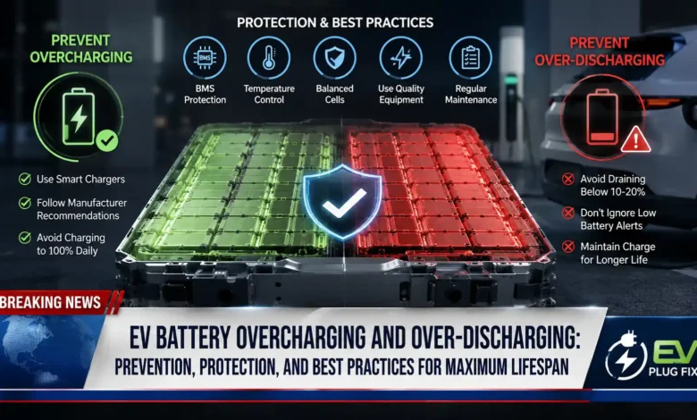 EV battery overcharging prevention guide showing a smart EV charger connected to a vehicle with battery health monitoring display