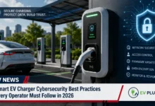 Secure smart EV charger installation with cybersecurity shield protection in modern charging station