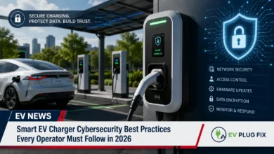 Secure smart EV charger installation with cybersecurity shield protection in modern charging station