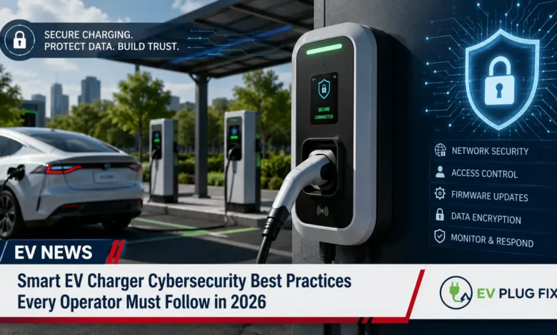Secure smart EV charger installation with cybersecurity shield protection in modern charging station
