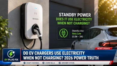 Modern smart home EV charger on wall with LED display showing standby mode in 2026