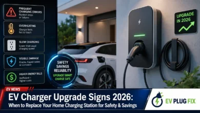 Modern smart EV charger installation with app interface on smartphone mounted in modern garage 2026