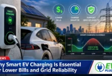 Modern smart EV charger installed in a residential garage with digital display showing charging status and cost savings