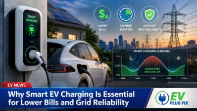 Modern smart EV charger installed in a residential garage with digital display showing charging status and cost savings