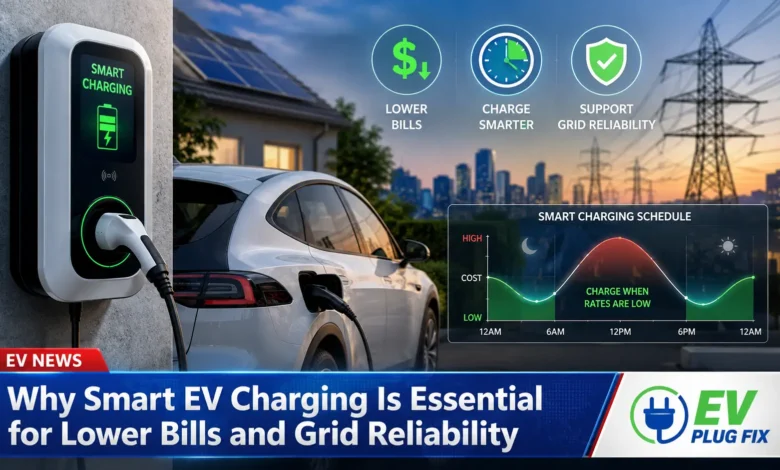 Modern smart EV charger installed in a residential garage with digital display showing charging status and cost savings