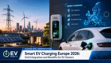 Smart EV charging station connected to European power grid with renewable energy sources and digital interface showing real-time data