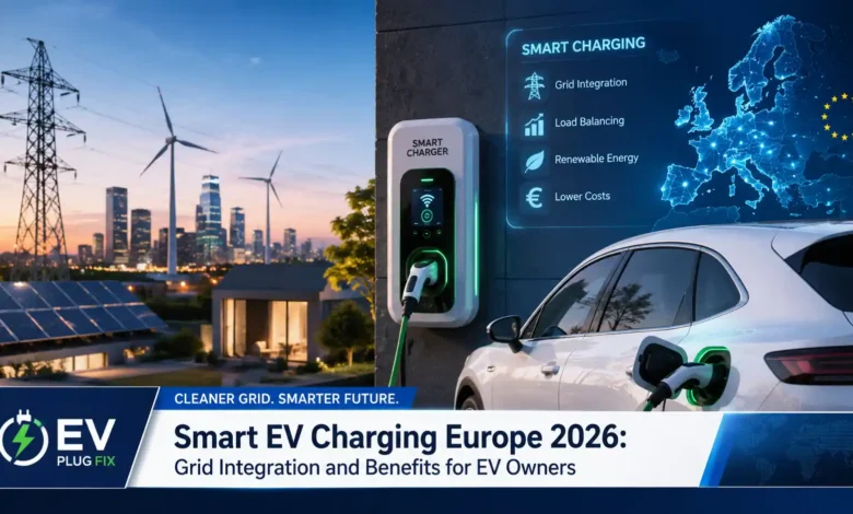Smart EV charging station connected to European power grid with renewable energy sources and digital interface showing real-time data