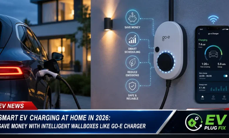 Smart home EV charging setup with go-e Charger wallbox and Tesla Model 3 in modern garage 2026