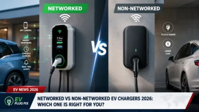 Modern home garage featuring a networked EV charger with smartphone app control and connected renewable energy sources