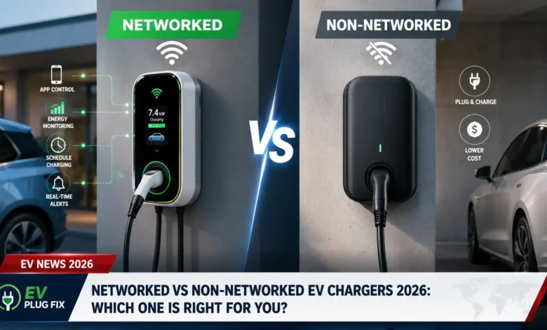 Modern home garage featuring a networked EV charger with smartphone app control and connected renewable energy sources