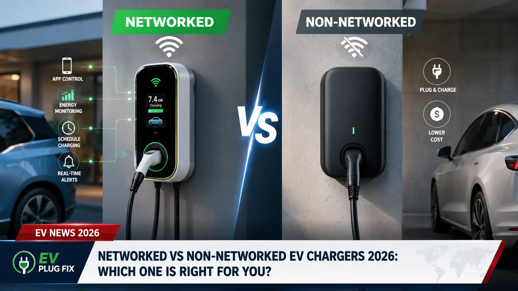 Modern home garage featuring a networked EV charger with smartphone app control and connected renewable energy sources