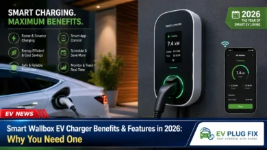 Smart wallbox EV charger installed on a modern home exterior wall with a plugged-in electric vehicle