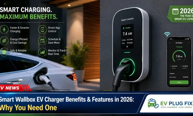 Smart wallbox EV charger installed on a modern home exterior wall with a plugged-in electric vehicle